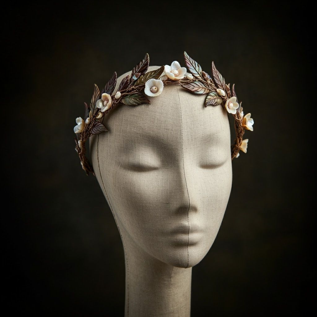 Elven Leaf Tiara Crown with Shell Flowers in Art Nouveau Sty...