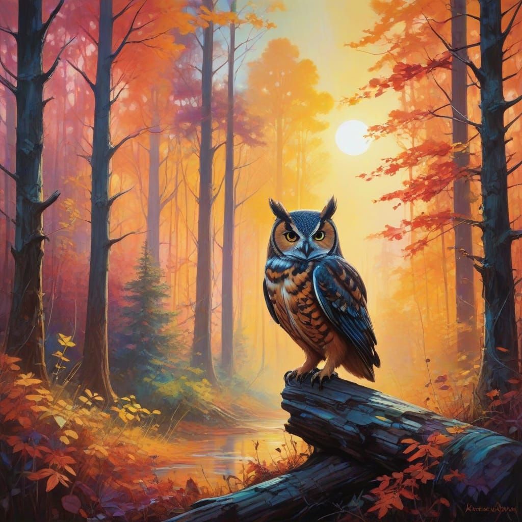 Surreal Autumn Forest Landscape with Owl at Sunset