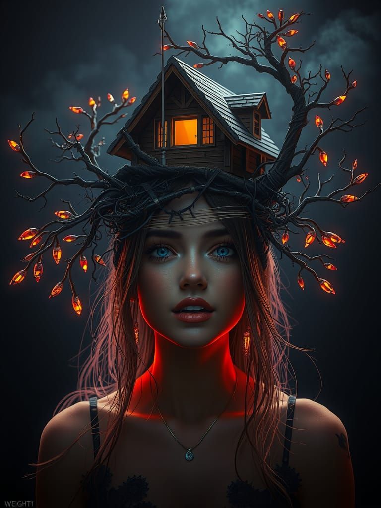 Woman with House Head: Detailed Matte Painting