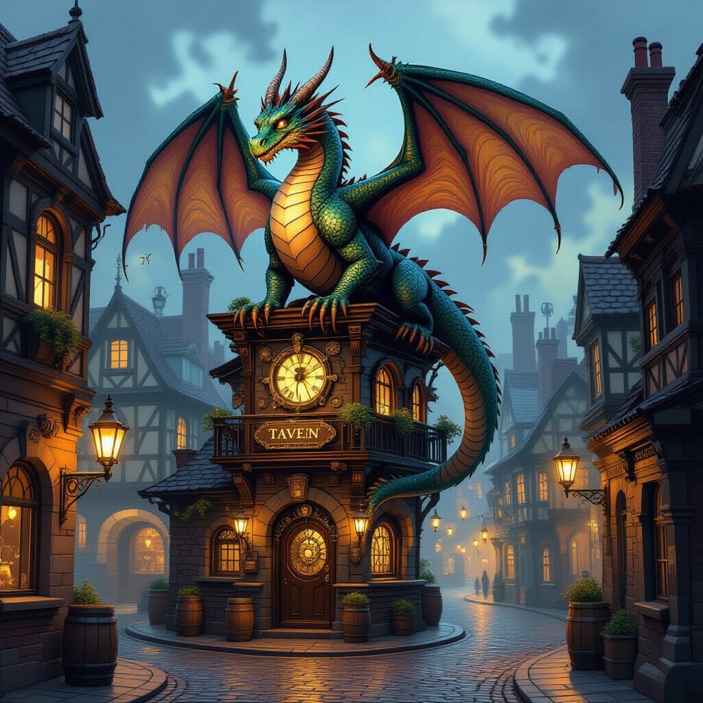 Dragon on Steampunk Tavern in Victorian Alley, Airbrush Art