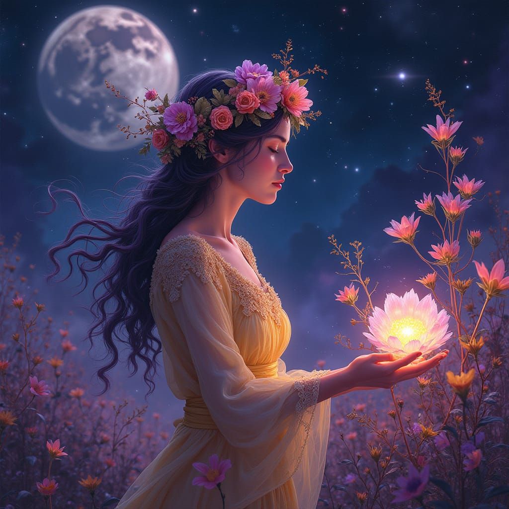 Celestial Gardener in a Bioluminescent Lunar Garden