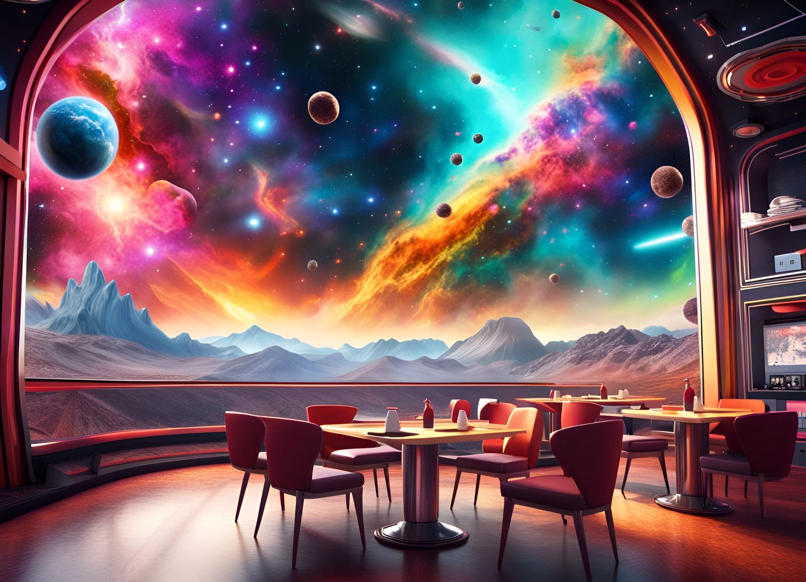Vibrant Space Cafe Amidst Exploding Nebula