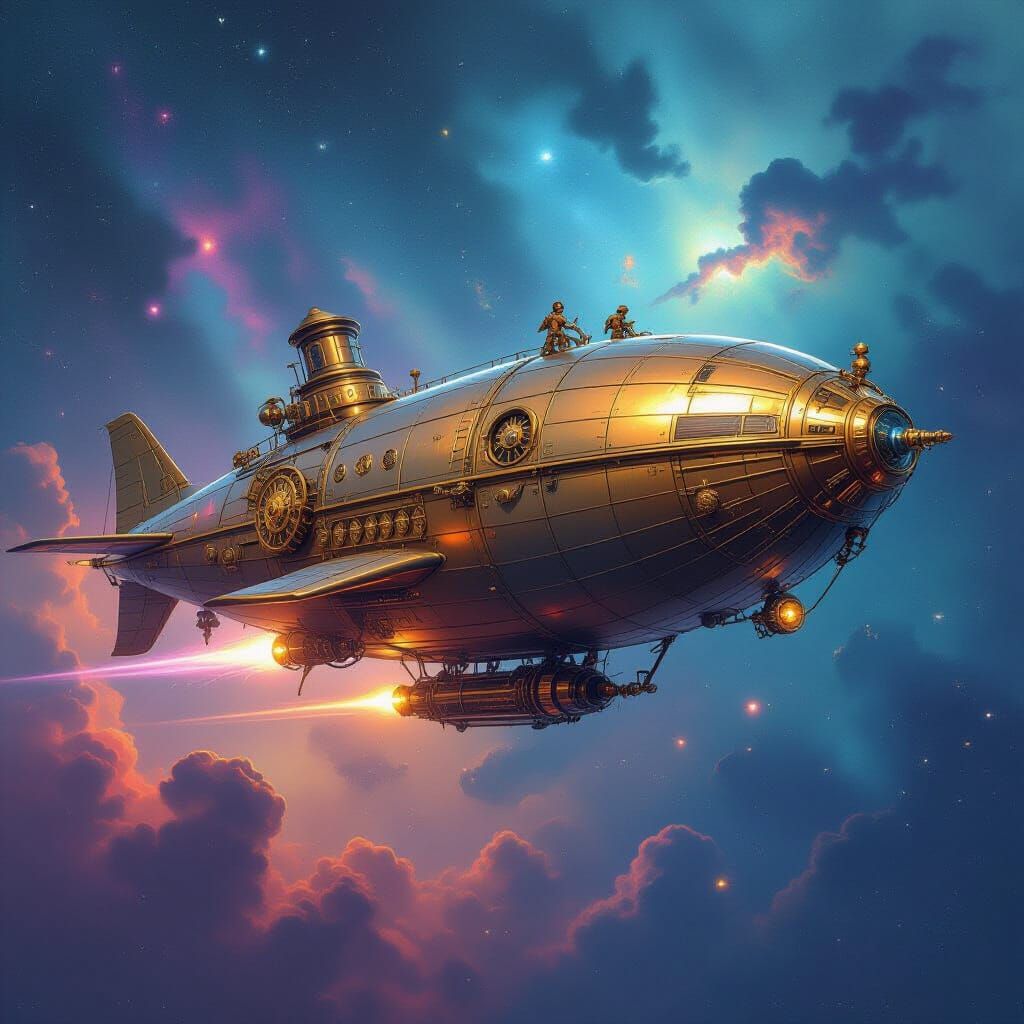 Steampunk Whale Airship Gliding Through Nebula