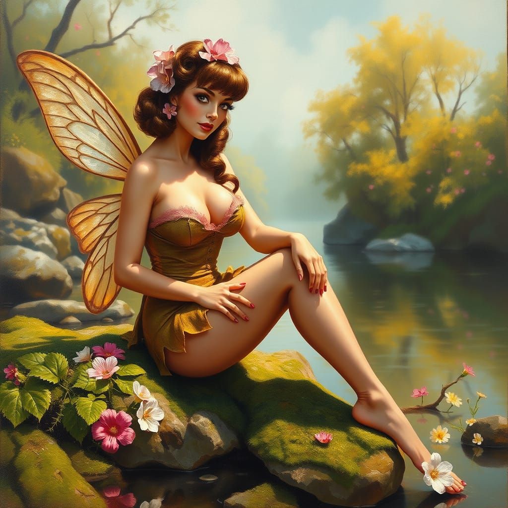 Romantic Fairy Pin-Up in Whimsical Floral Wonderland