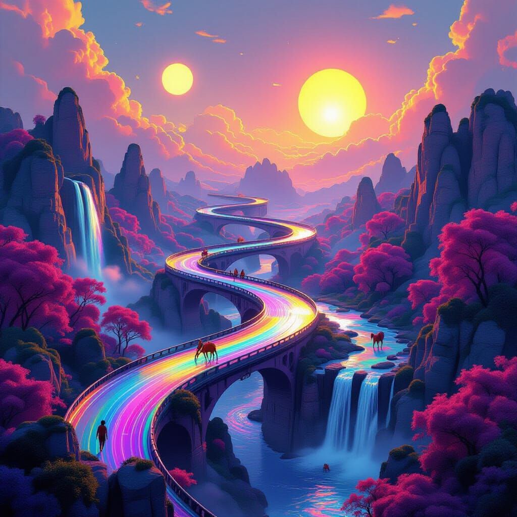 Surreal Landscape with Rainbow Roads in Dreamlike Style