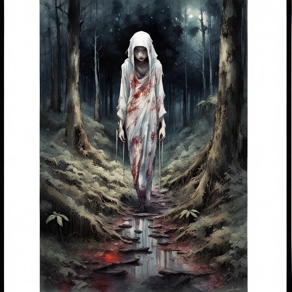 Macabre Body Horror Monster in Ghibli Forest