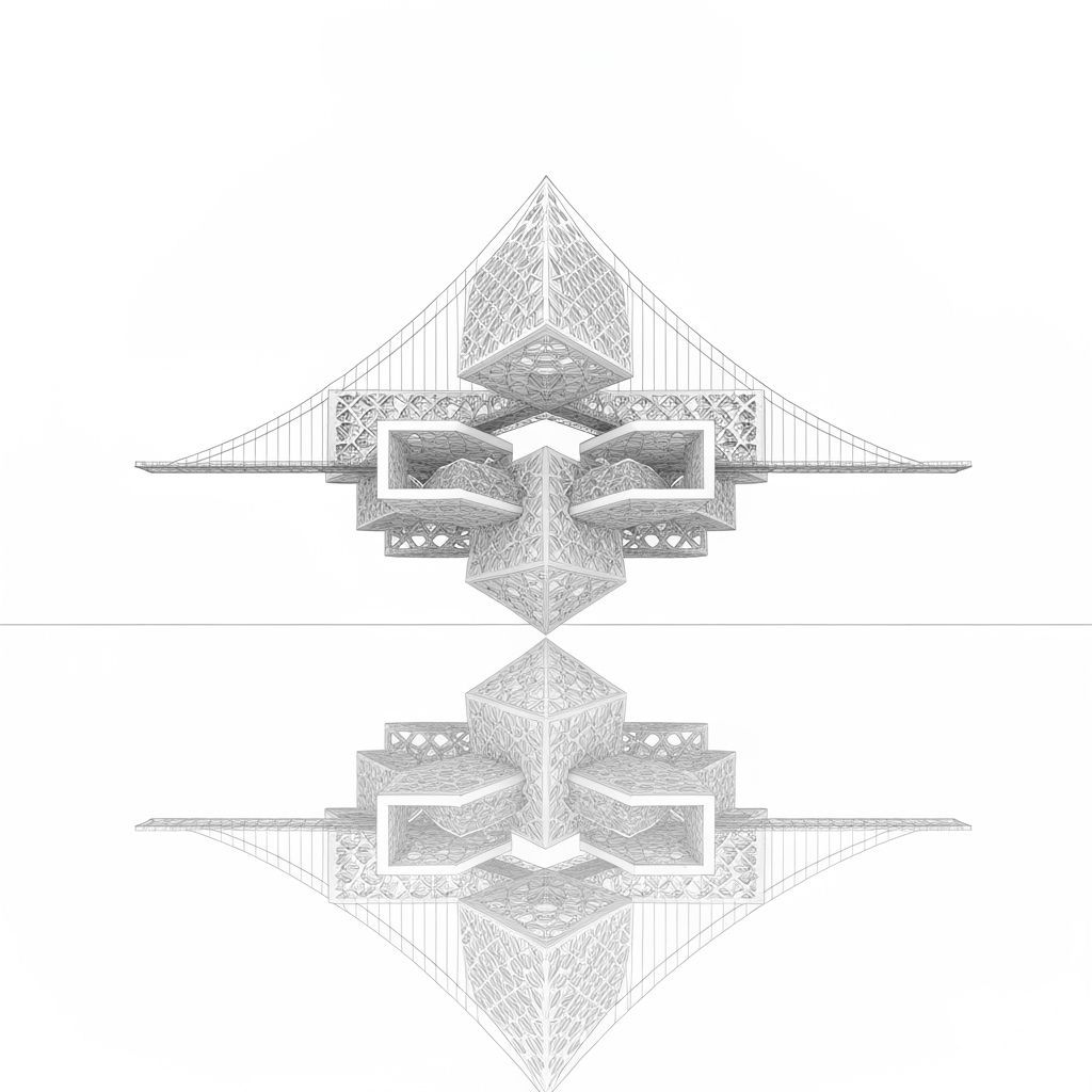 Impossible Architecture Above Reflective Lake in Minimalist ...