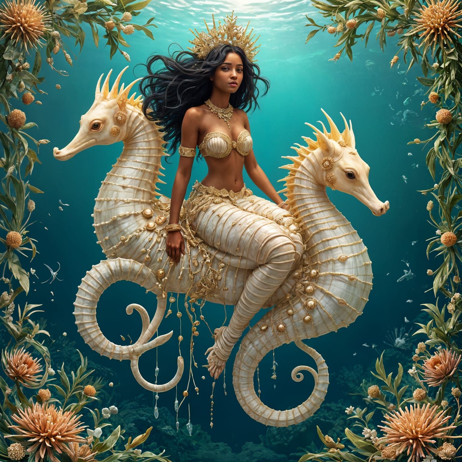 Alphonse Mucha-Inspired Goddess Venus in a Shell-Adorned Sea