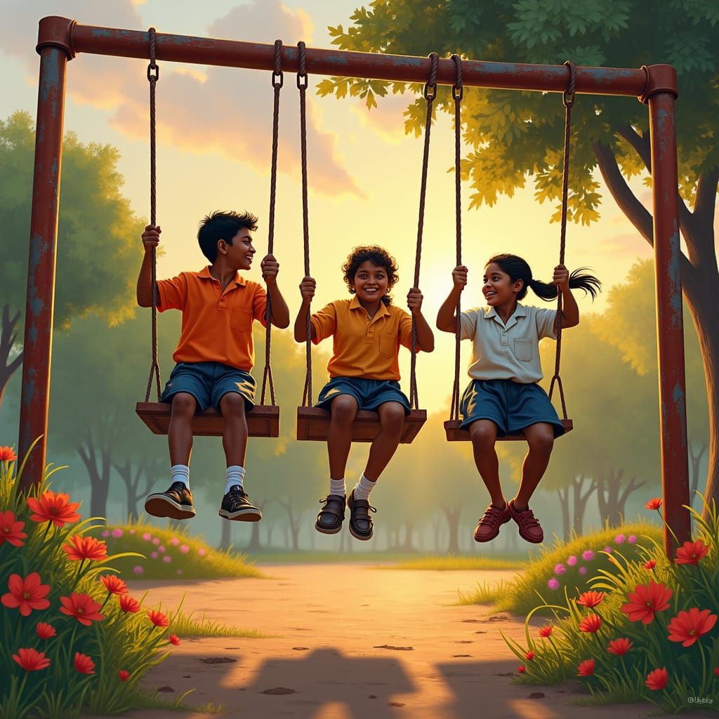 Indian school children, play ground, swing, evening