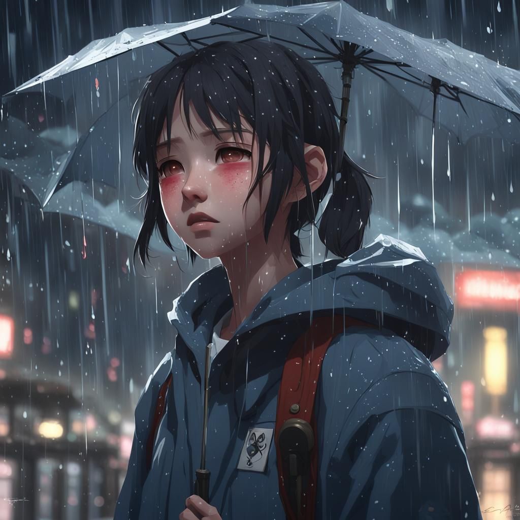 Crying Girl in Rain: 3D Anime Art
