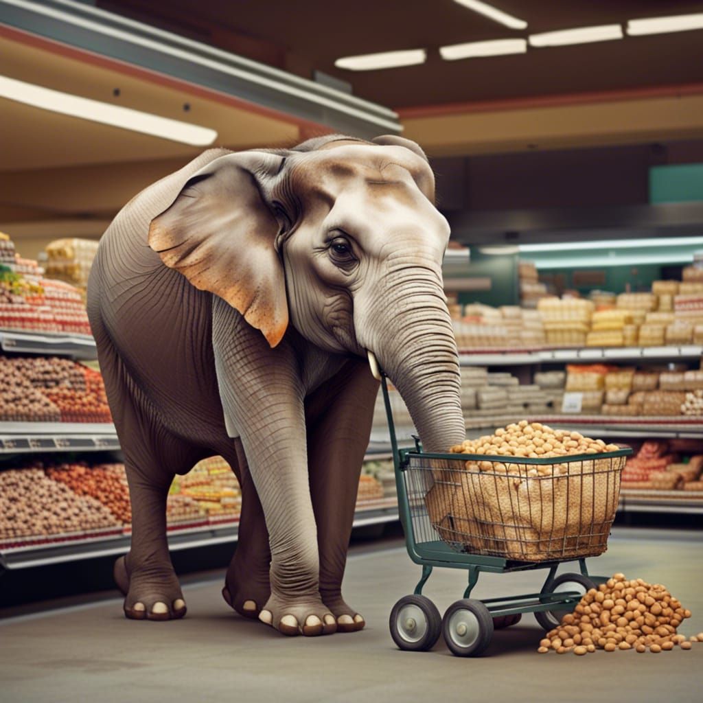 Elephant Shopping for Peanuts in Supermarket