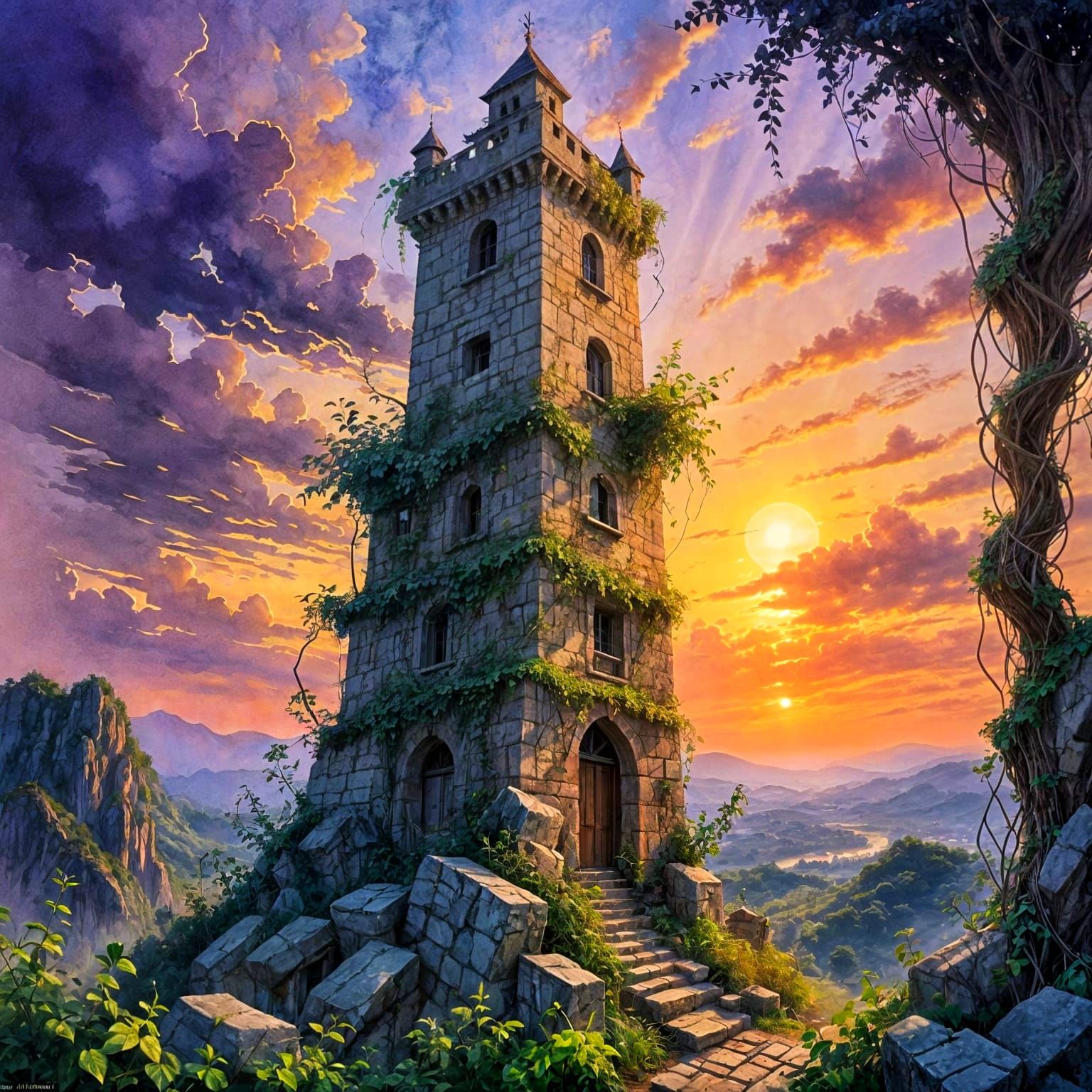 Ethereal Watercolor Tower Amidst a Purple Sunset
