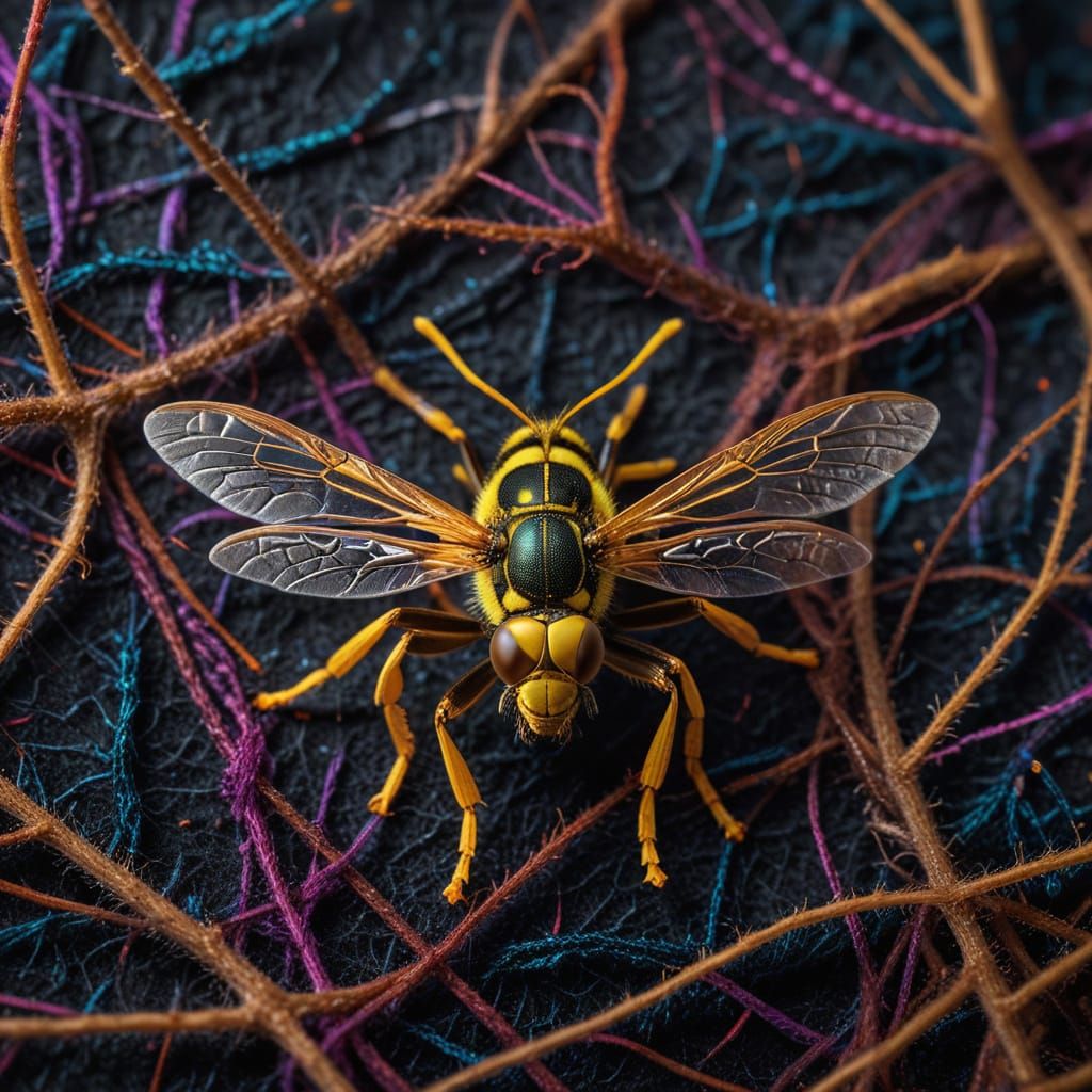 Vibrant Macro Photography of a Wasp on Yarn Mesh