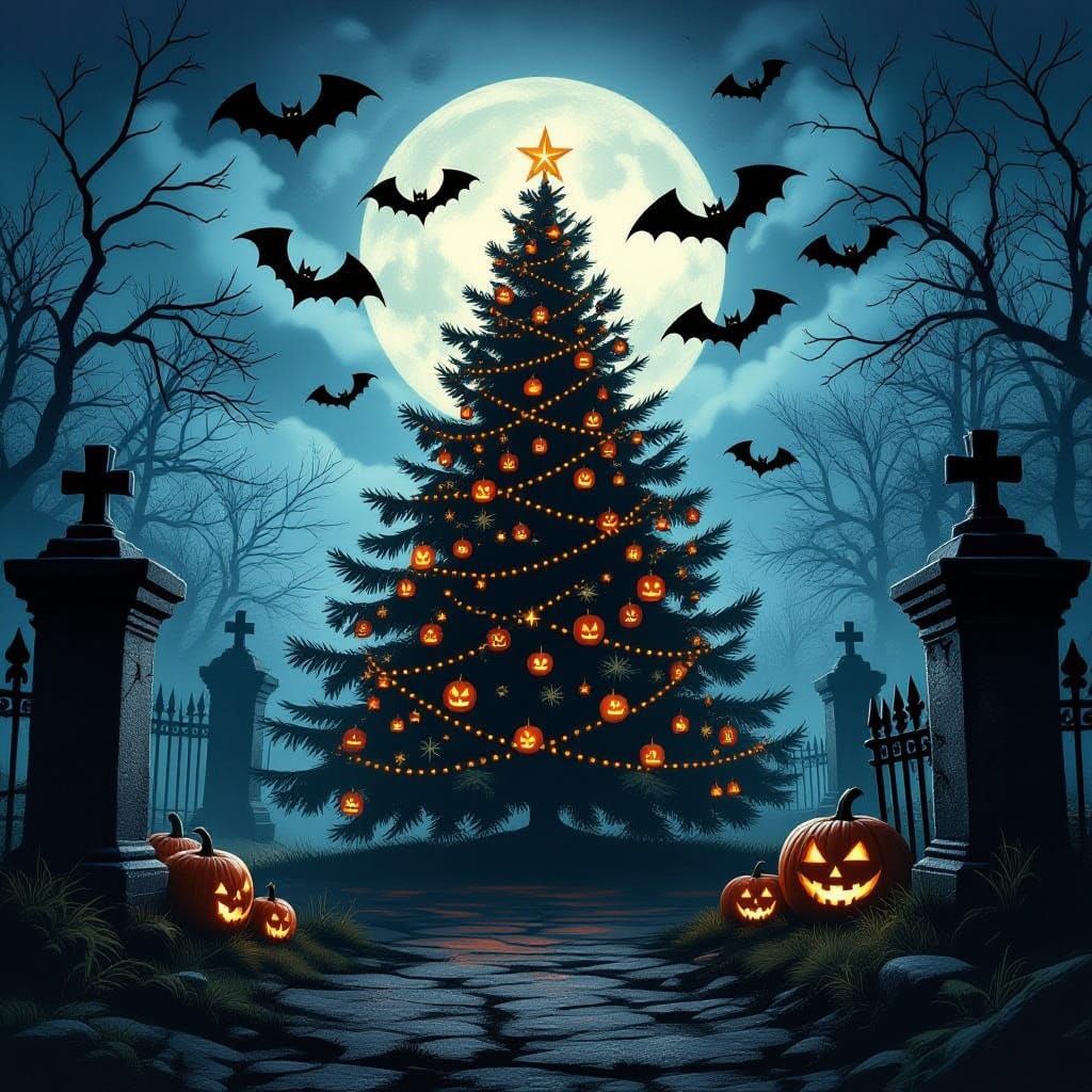 Spooky Christmas Crypt with Bats and Ghosts