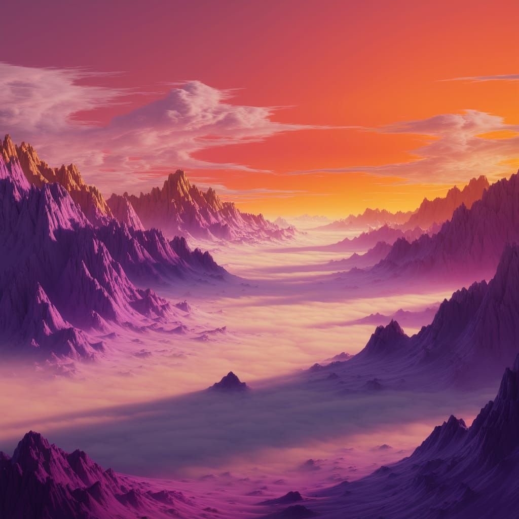 Surreal Sunset Mountains in Vibrant Orange Sky
