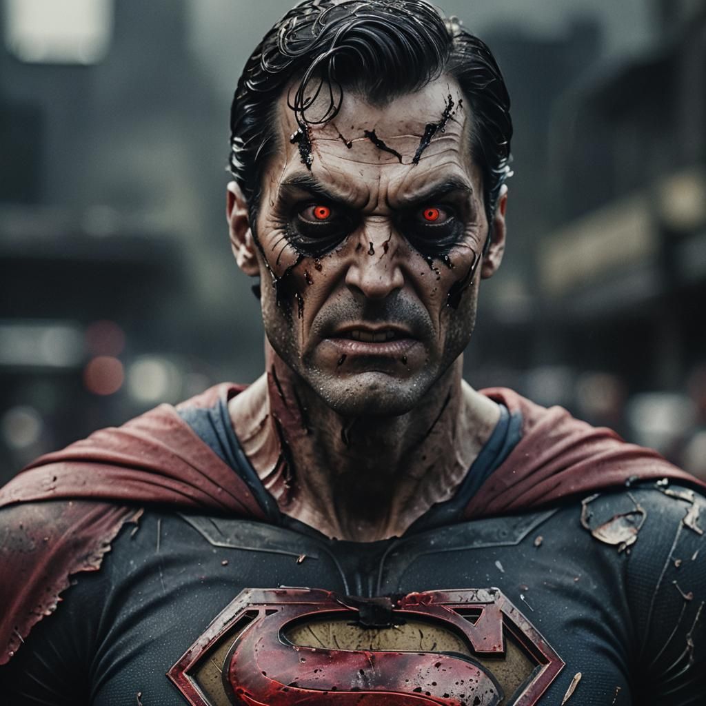 A close-up portrait of a zombie Superman, his face is contor...