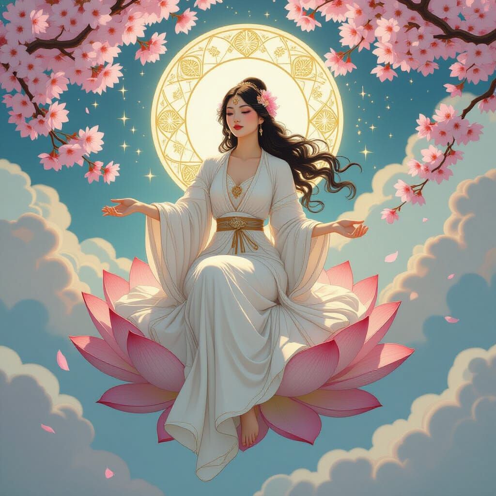 Serene Goddess on Lotus Amidst Cherry Blossoms