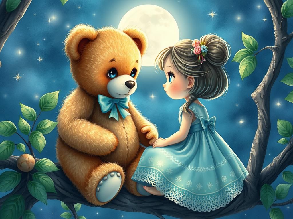 Magical Moonlight Meeting: Girl and Teddy Bear