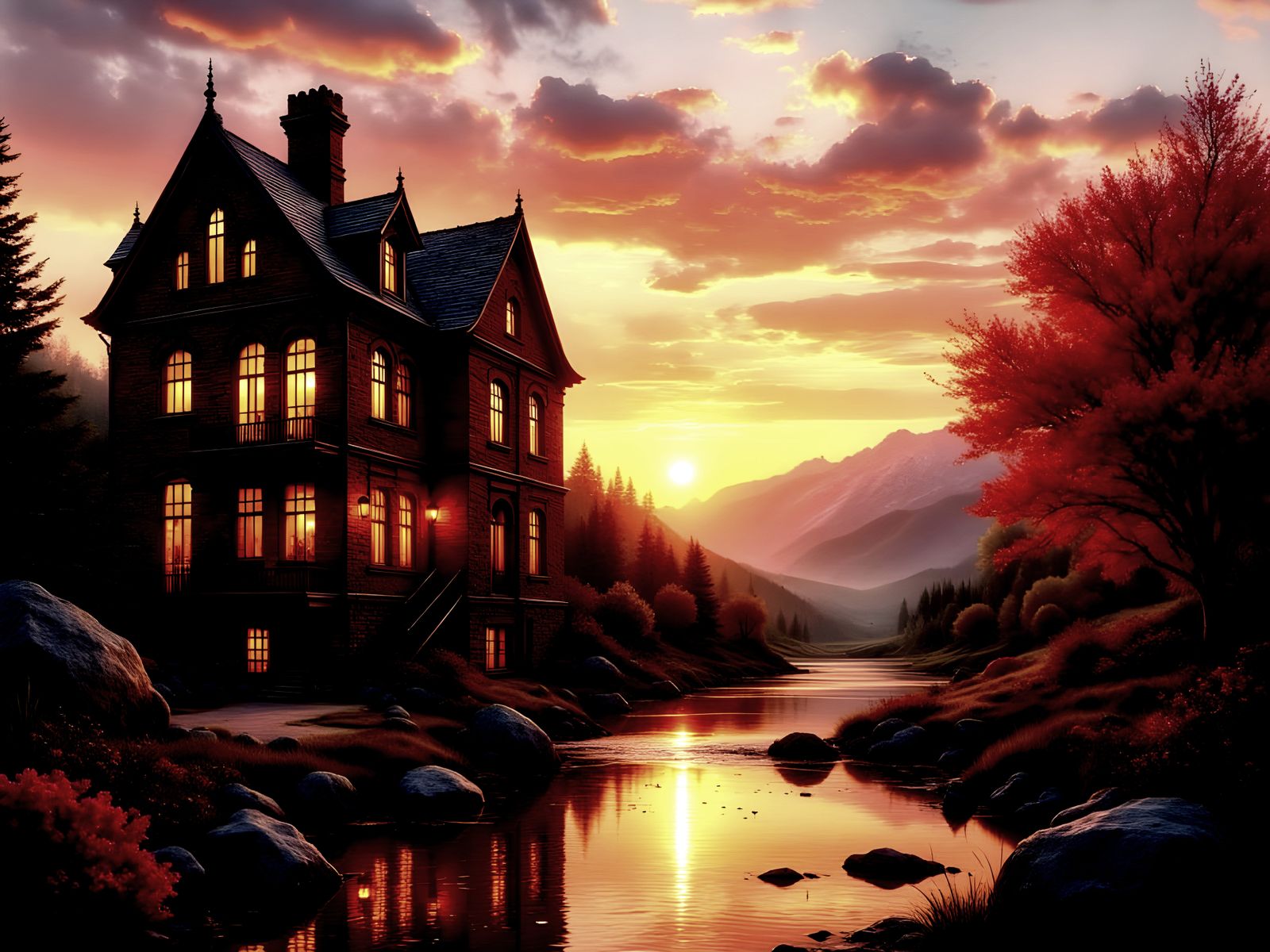 The   red brick  palace  on the stream  at sunrise.