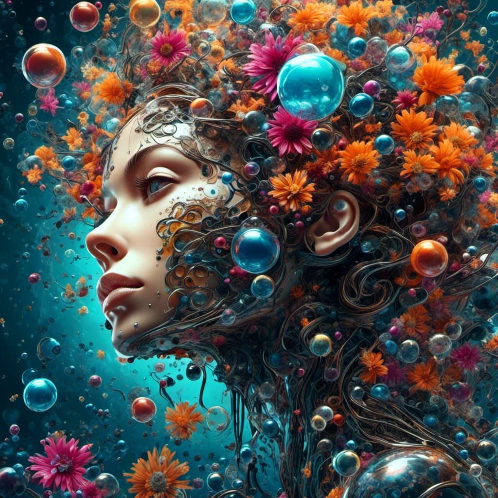 Biomechanical Woman with Melting Head in Hyperreal Style