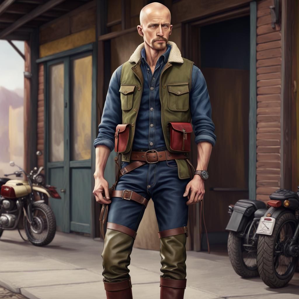 Man in Denim and Hiking Gear: Hyperrealistic Art