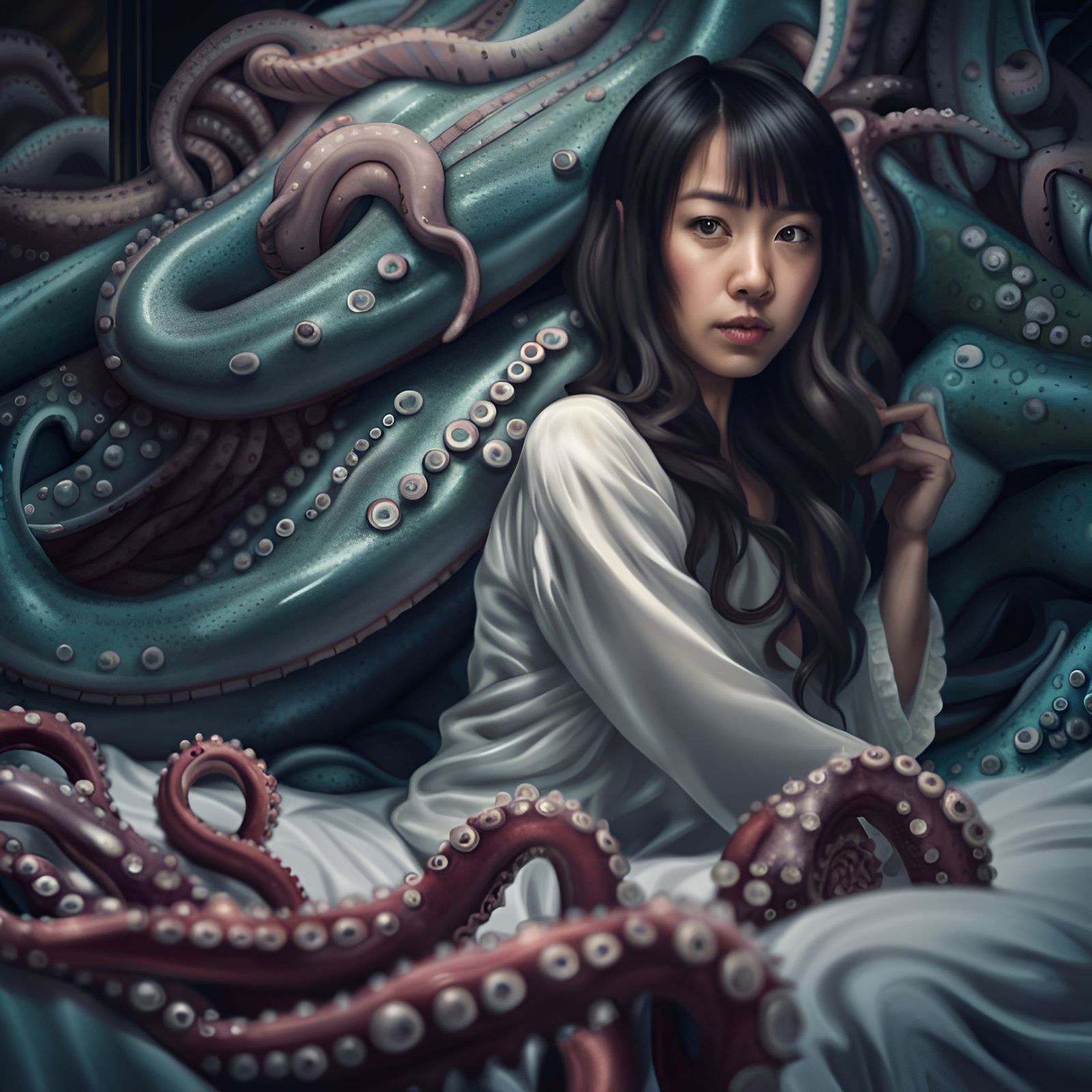 Beautiful Asian girl and large octopus
