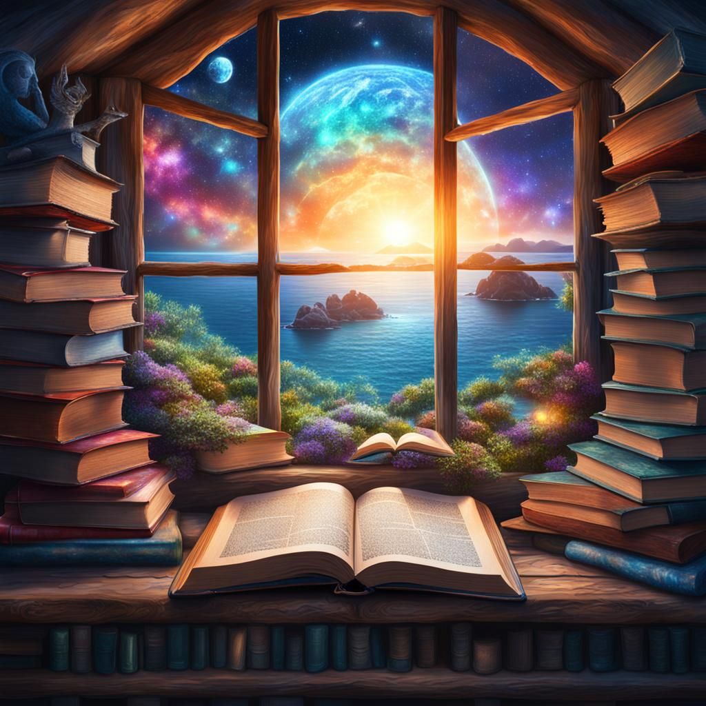 Books by the Sea: Holographic Astral Illustration