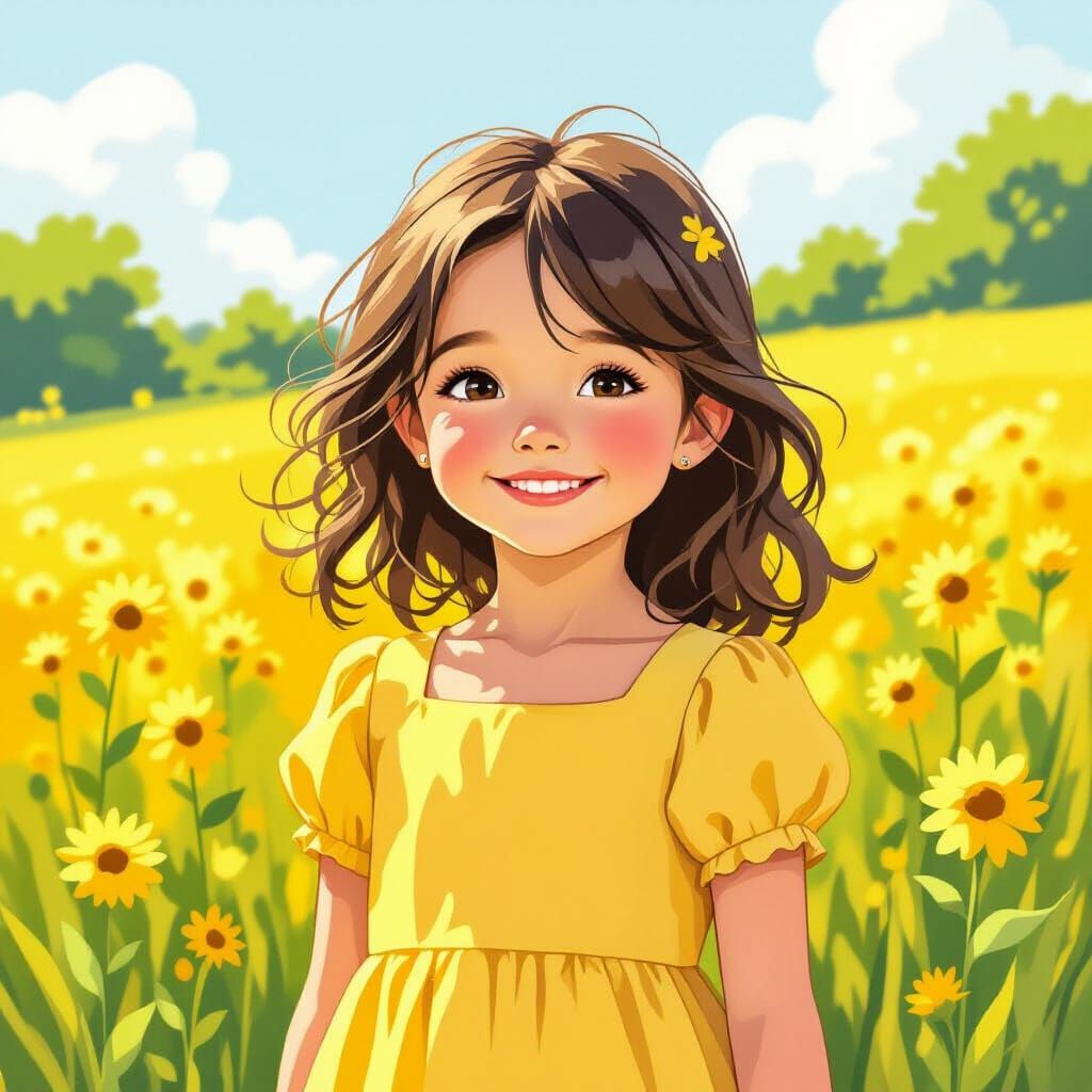 Girl in Sunny Field, Whimsical Illustration