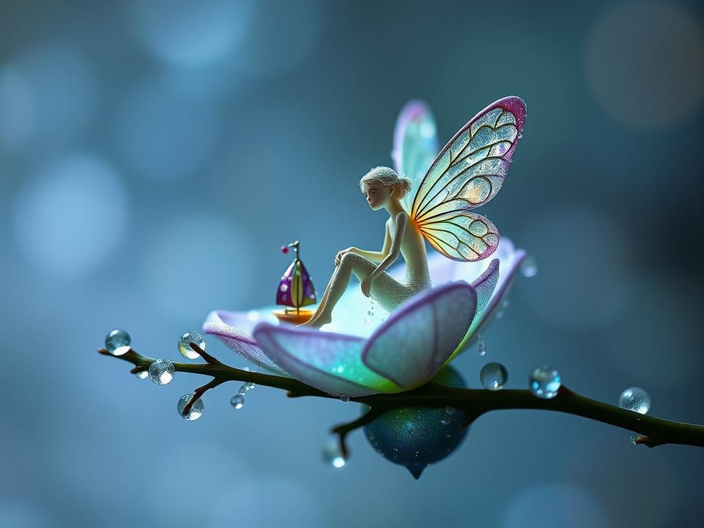 Iridescent Dew Fairy on Bioluminescent Flower in Surrealist ...