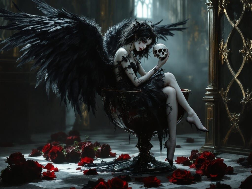 Tiny Angel Sits in a Glass of Red Wine, Surrounded by Gothic...