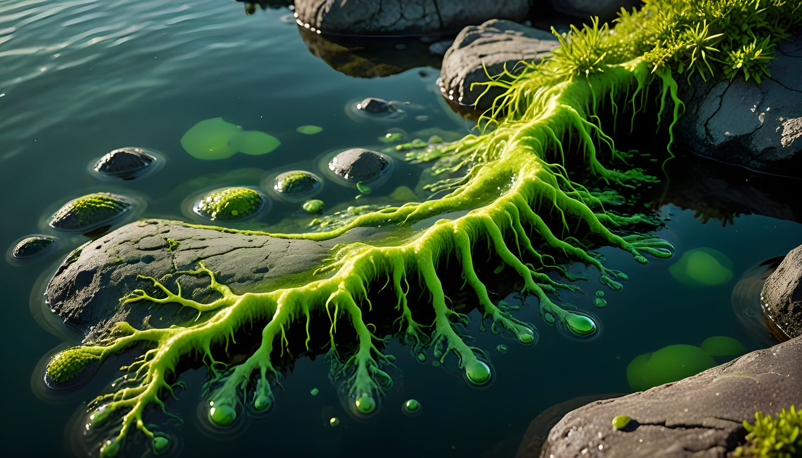 Vibrant Green Algae in Coastal Rock Pool