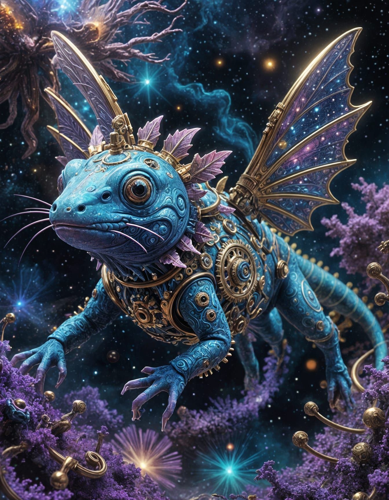 Surreal Clockwork Axolotle Soars Through Cosmic Nebula
