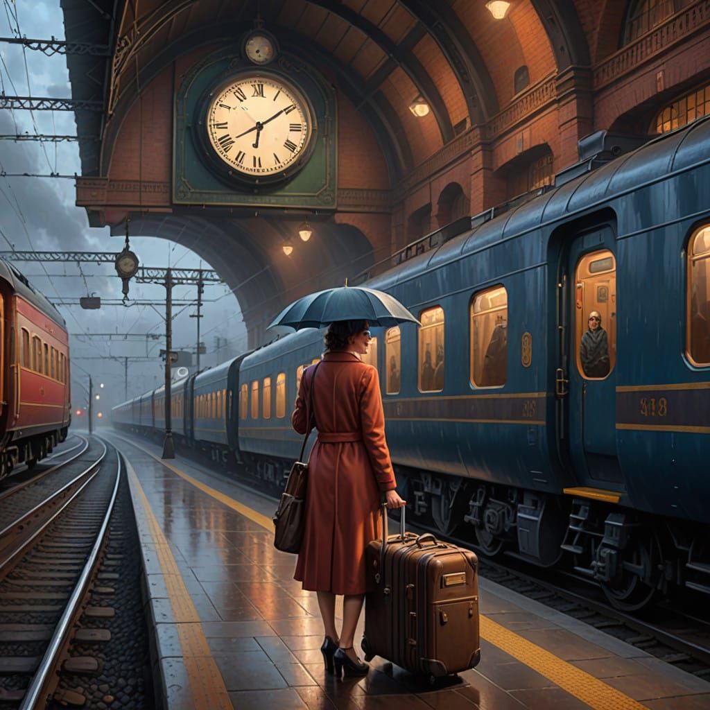 A Woman Waits for Her Train in a Rainy Station