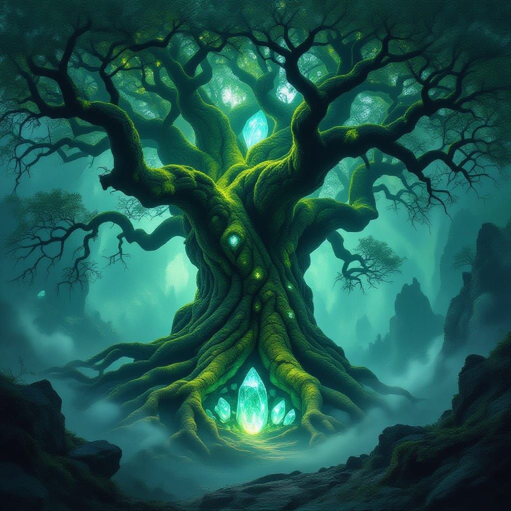 Ancient Stone Tree with Bioluminescent Moss in Crystal Caver...