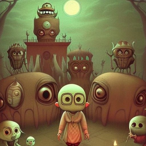 Chibi Monsters in Haunted Mansion, Detailed Illustration