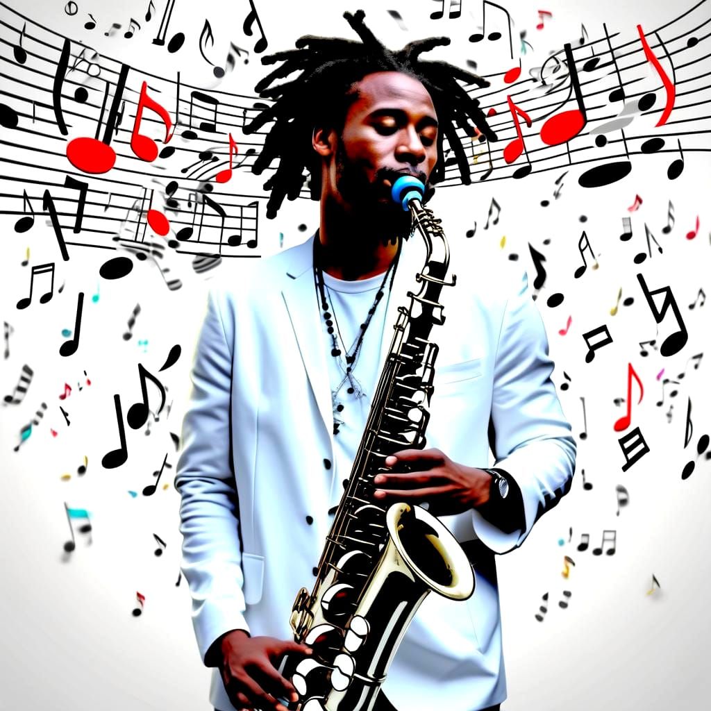 Saxophone Player with Musical Notes Background
