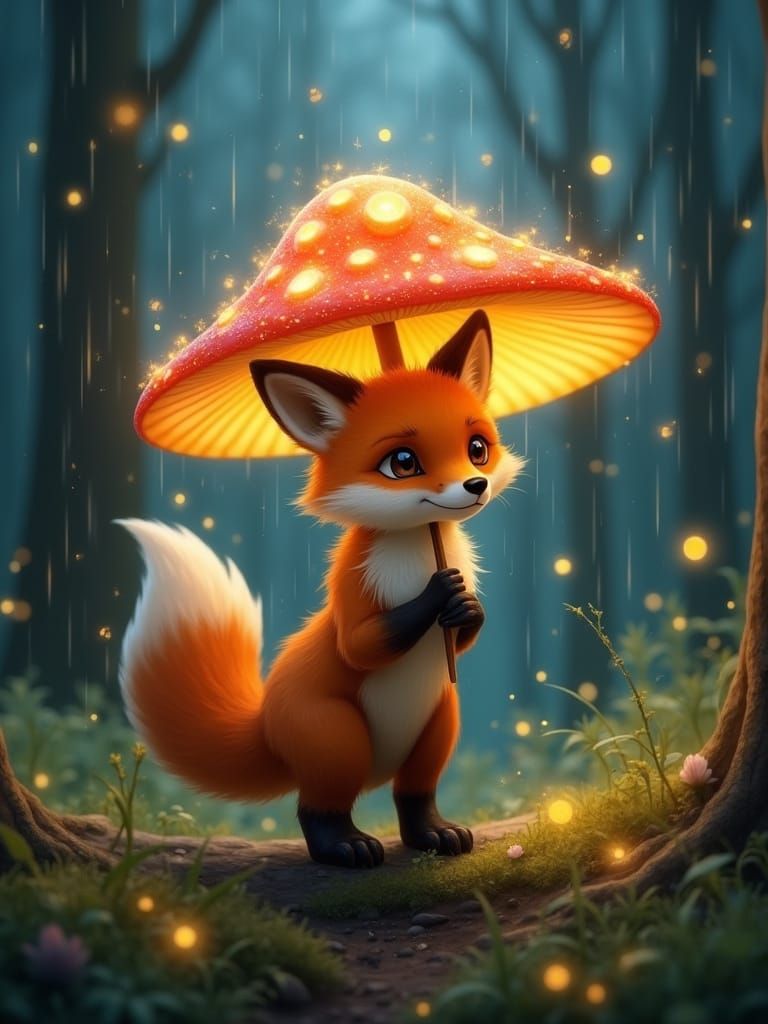 Elegant Fox Pup with Glowing Mushroom Umbrella in Enchanted ...
