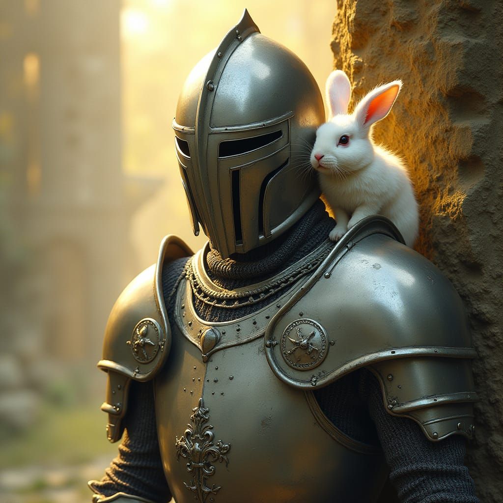 Medieval Knight with Whimsical White Rabbit Companion