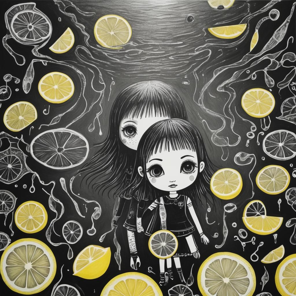 Chibi Goth Woman in Lemonade, Crayon Drawing