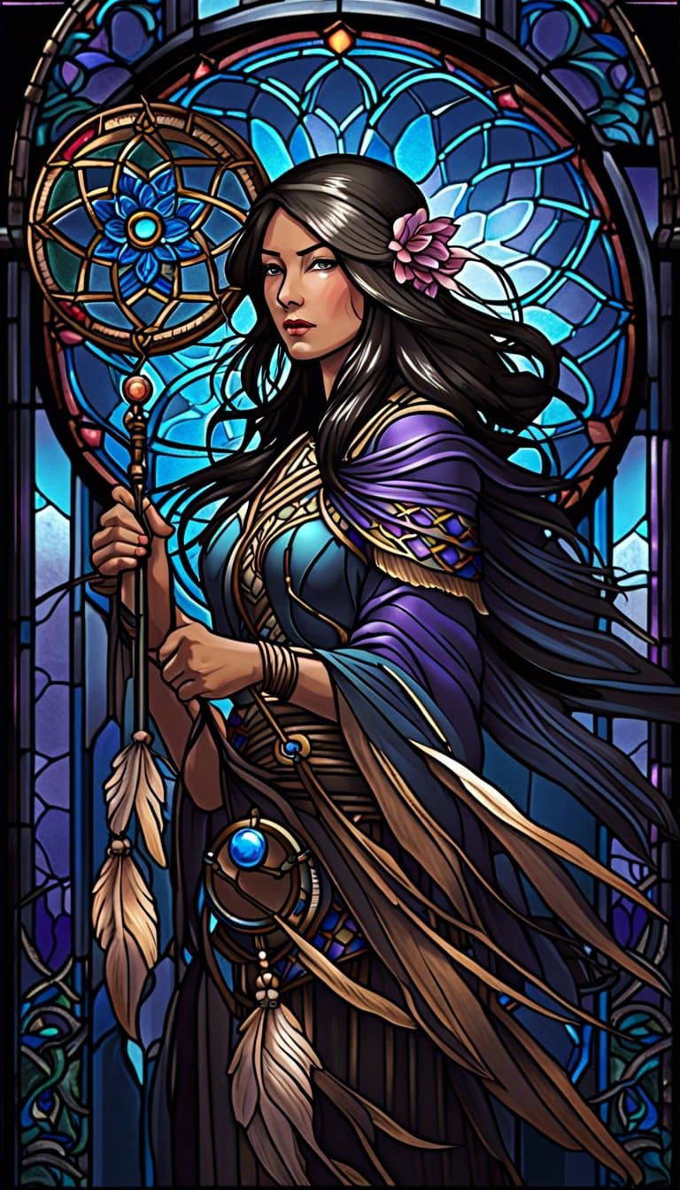 Dream Guardian with Dreamcatcher in Stained Glass Style