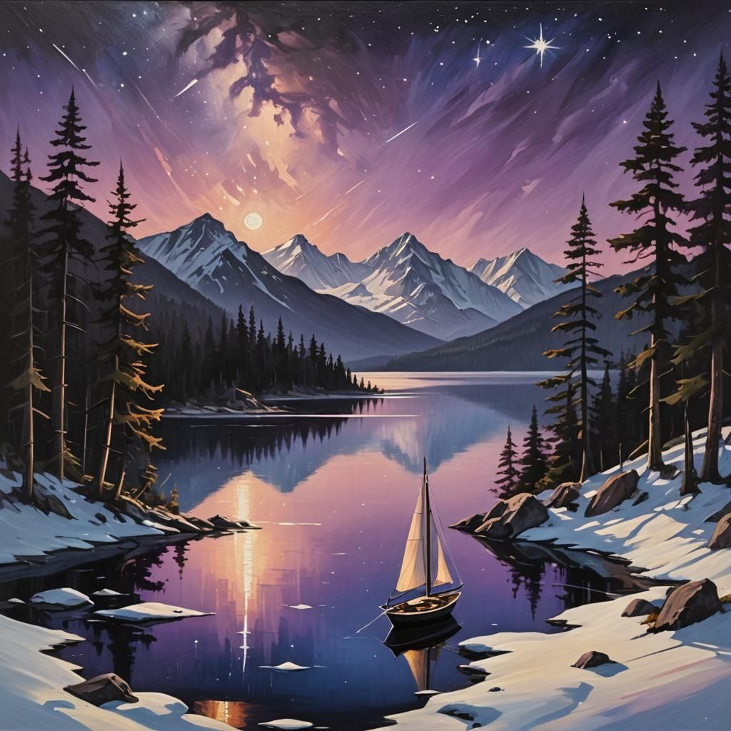 Majestic Landscape with Starry Night Reflection