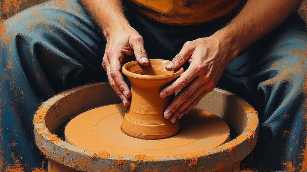 Potter's Hands Shaping Clay: Abstract Expressionism