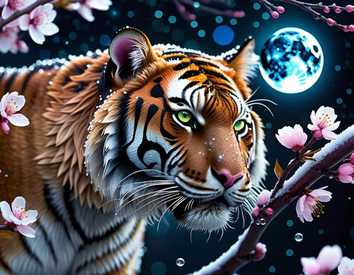 Tiger Stalking Iridescent Cherry Blossoms in Celestial Bloom