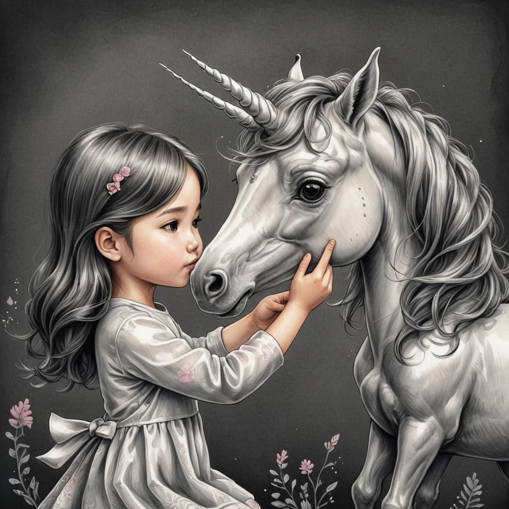 Girl Petting Chibi Unicorn: Children's Book Illustration