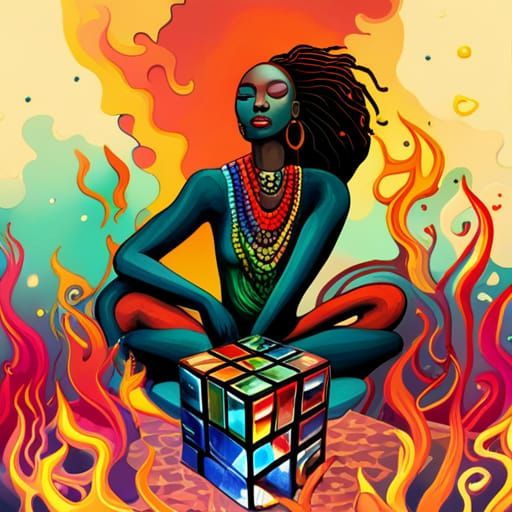 Fiery Meditation: African Woman in Cyberpunk Cube