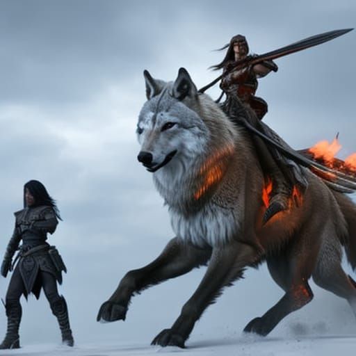 Female Warrior on White Wolf in Fantasy Battle