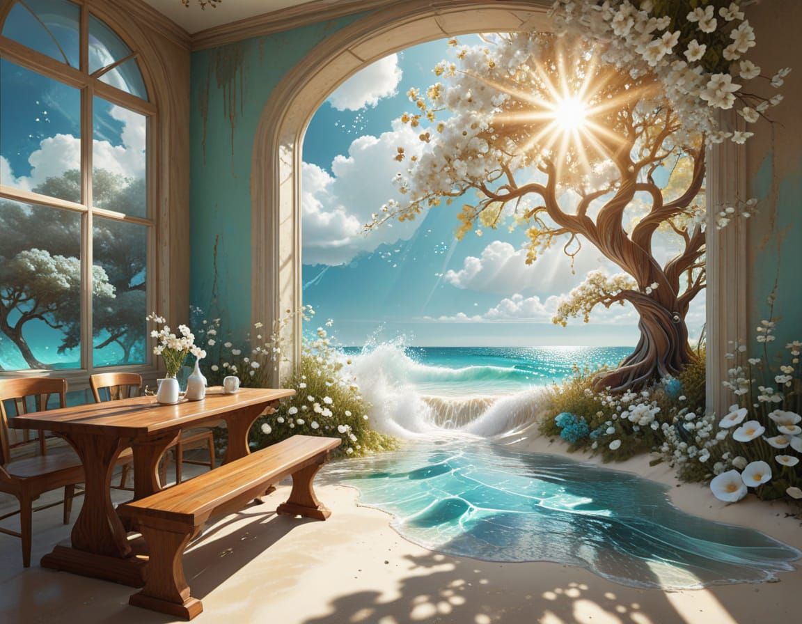 Surreal Victorian Mansion Portal in Dreamy Beach Scene