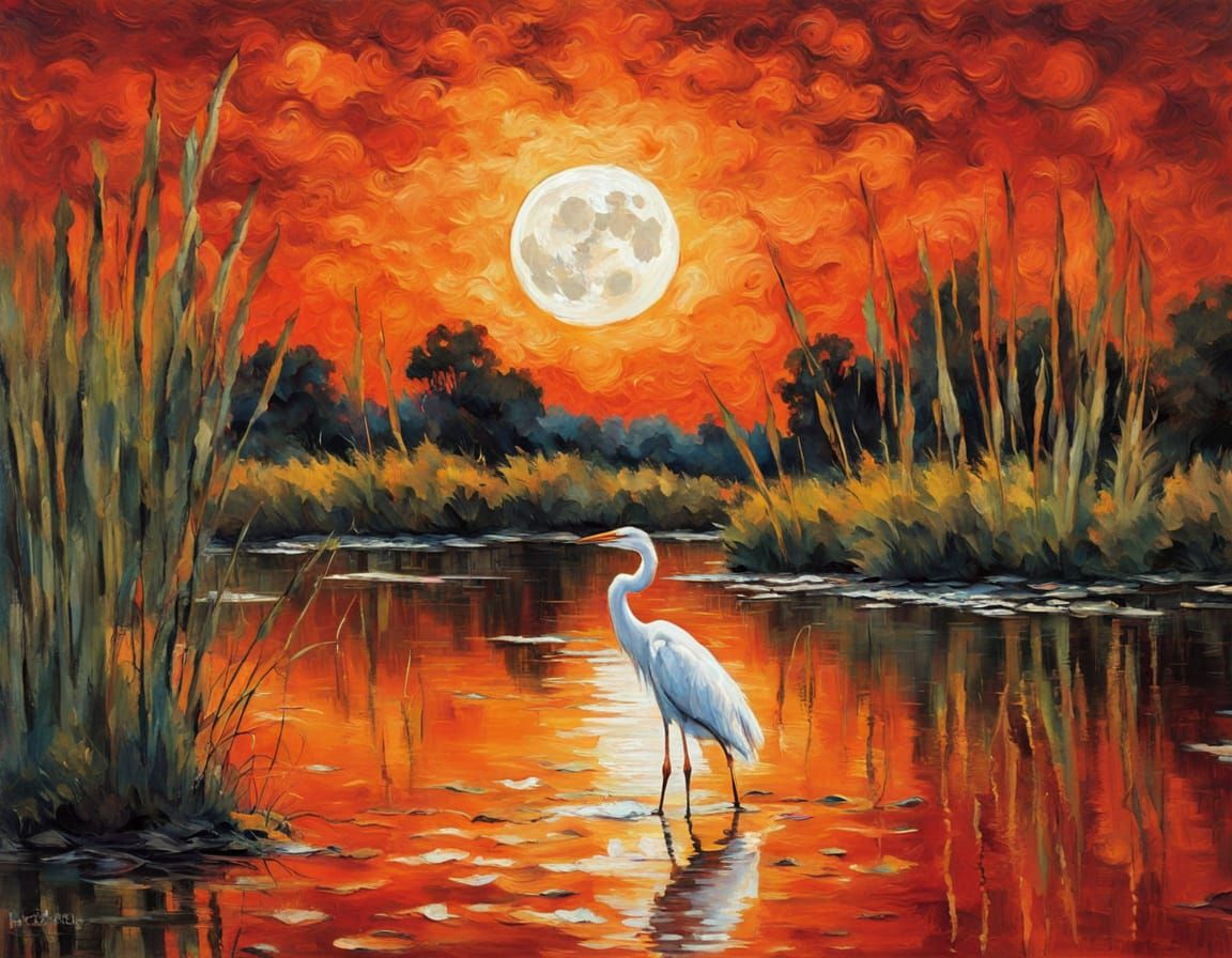 Tranquil Wetland Sunset With Moonlit Herons and Reeds