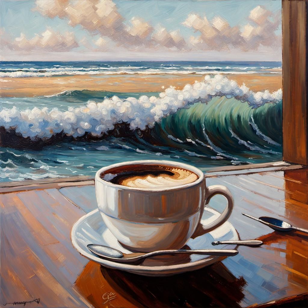 Ocean Waves in Coffee Cup, Oil Painting