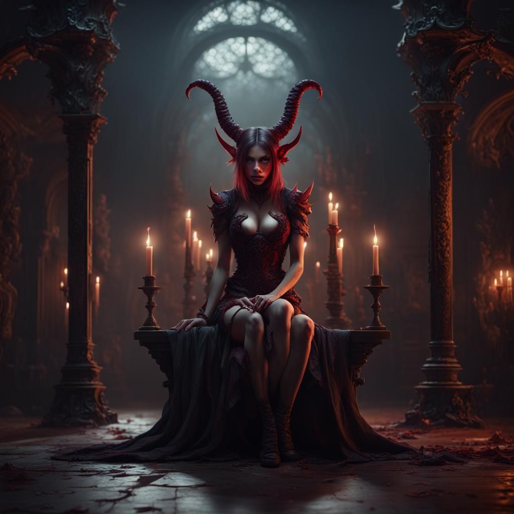Demon Girl Waiting in Dark Room, Fantasy Concept Art